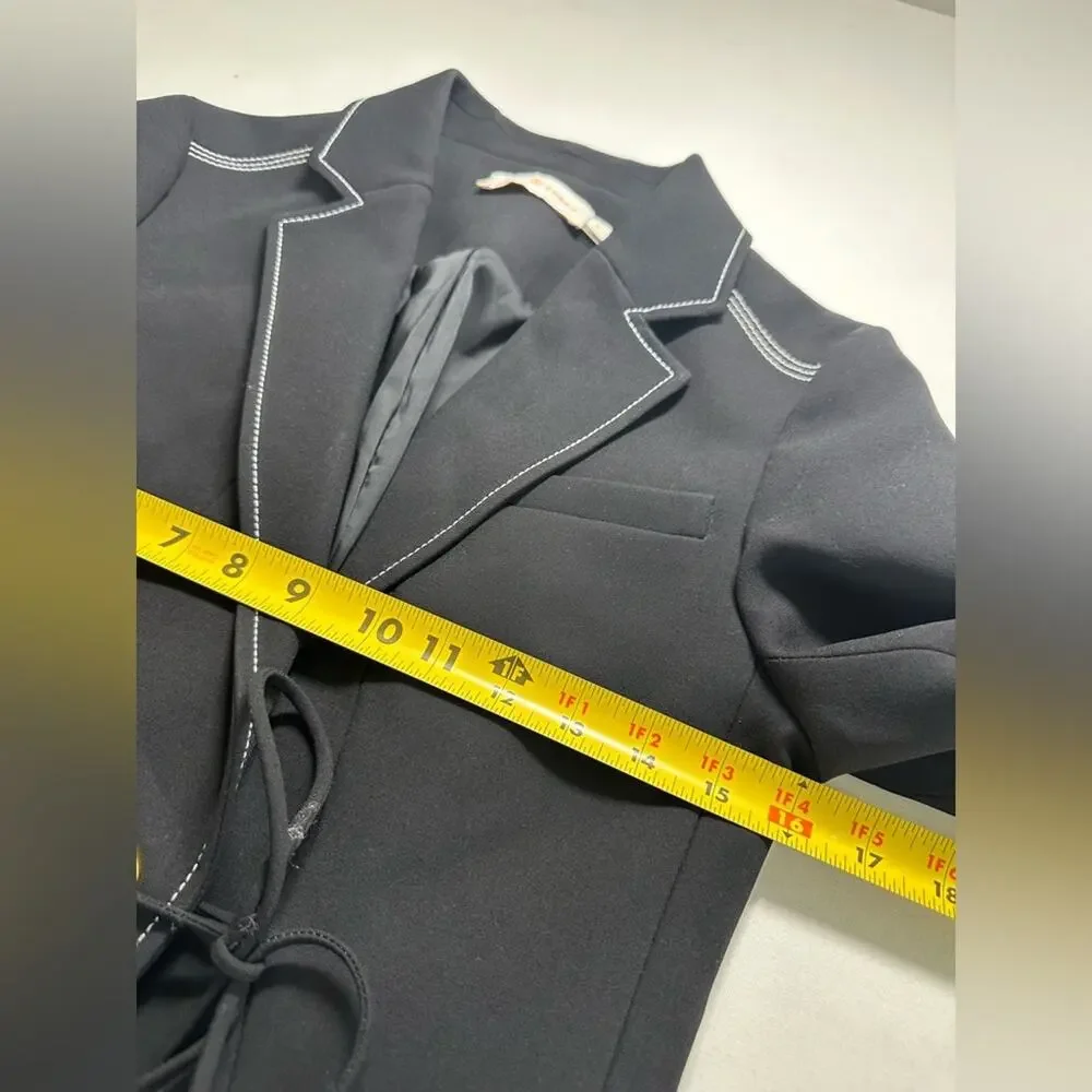 Tory Burch‎ Black Contrast White Stitch Blazer Tie Front Grommet Size 2
